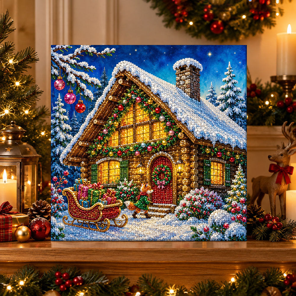 Finished christmas log cabin with fox pearl diamond painting artwork displayed as holiday home decor