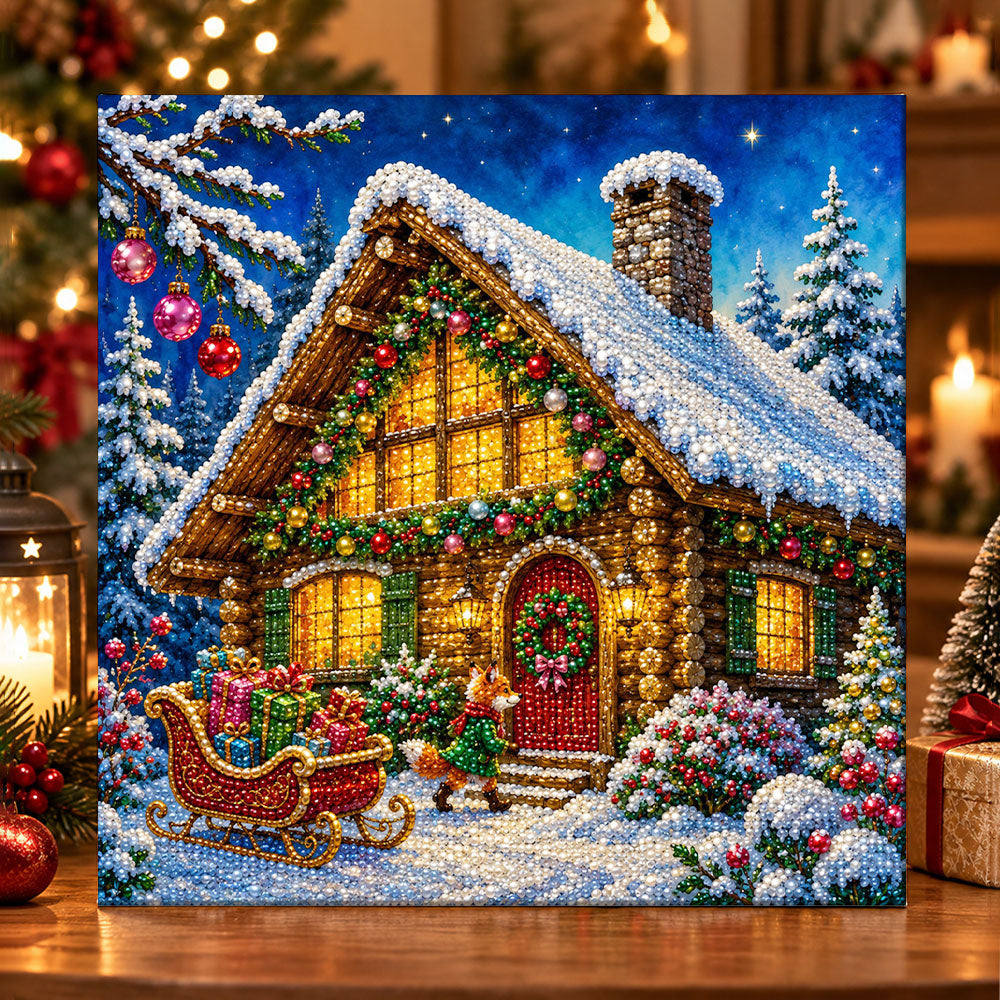 Christmas log cabin with fox pearl diamond painting kit for beginners