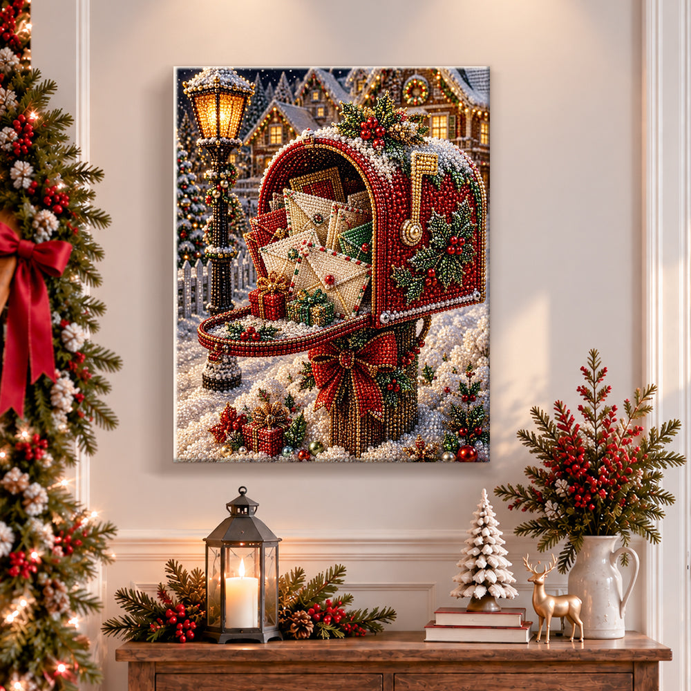 Finished christmas mailbox full of letters pearl diamond painting artwork displayed as holiday home decor