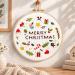 Christmas mini icons embroidery hoop wall art displayed as warm and cozy handmade home decor