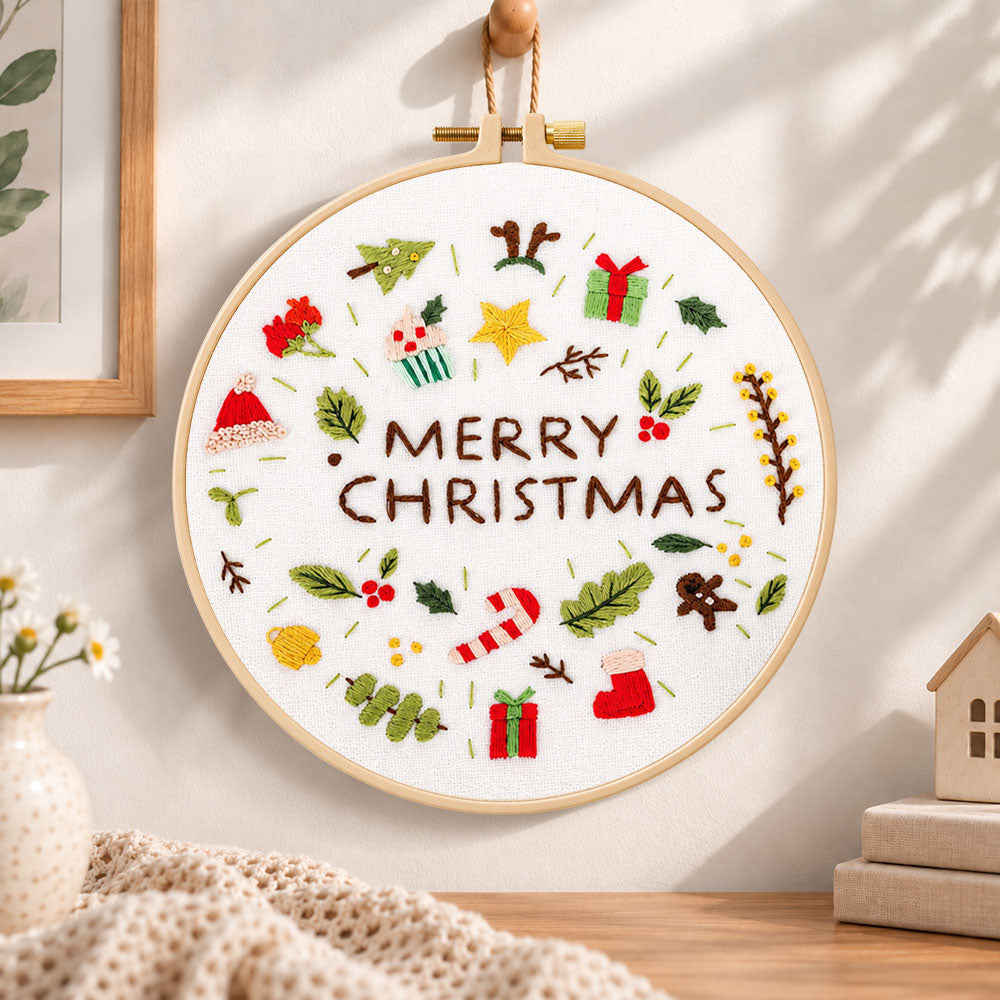 Christmas mini icons embroidery hoop wall art displayed as warm and cozy handmade home decor