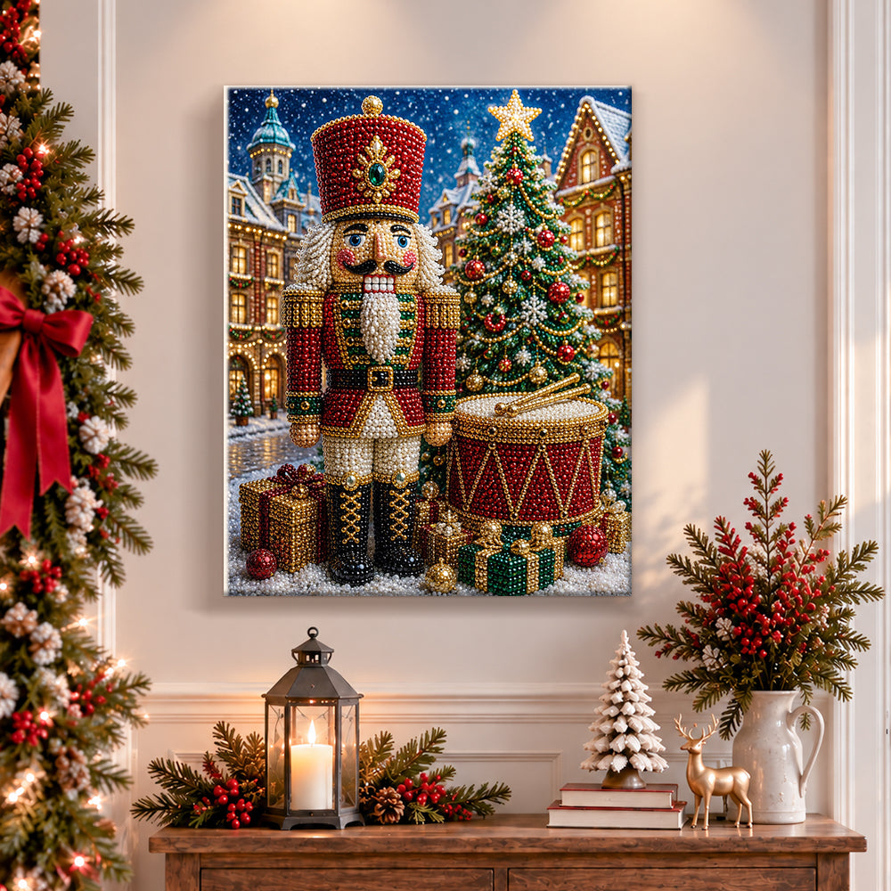 Finished christmas nutcracker soldier pearl diamond painting artwork displayed as holiday home decor