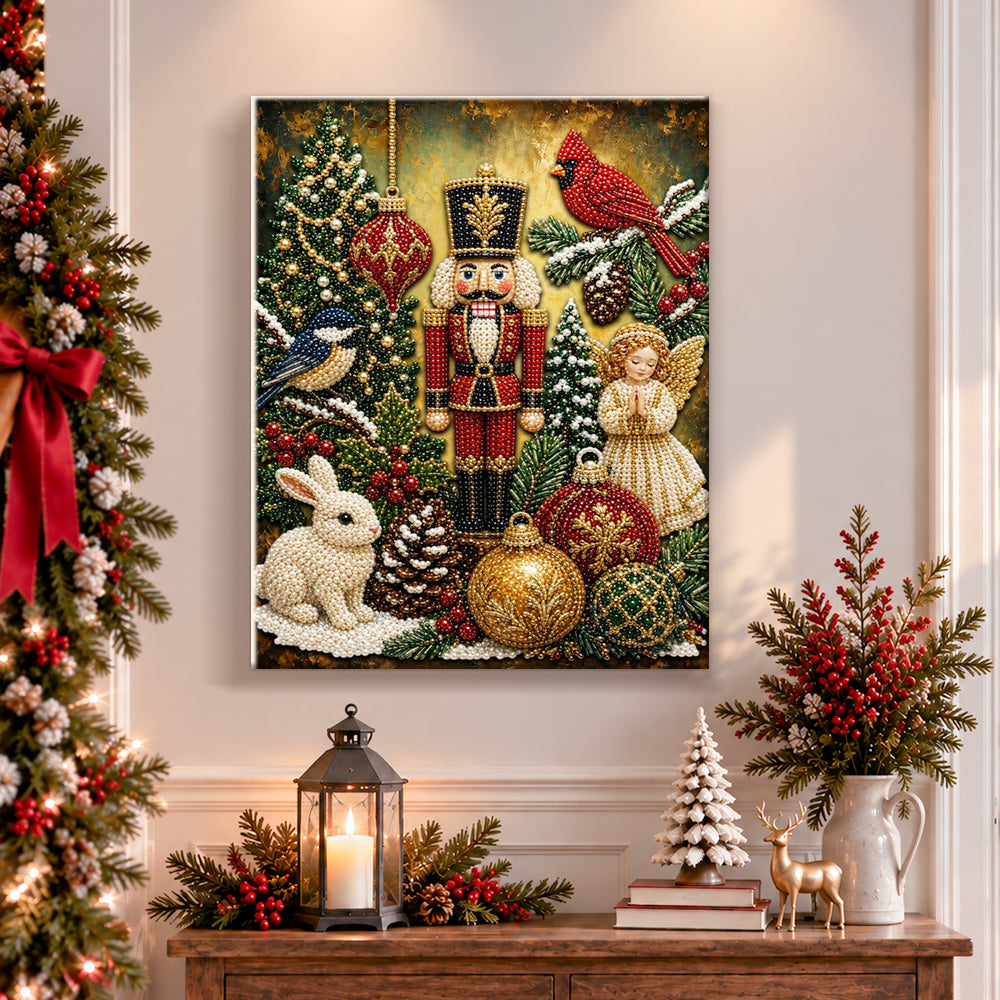 Finished christmas nutcracker still life pearl diamond painting artwork displayed as holiday home decor
