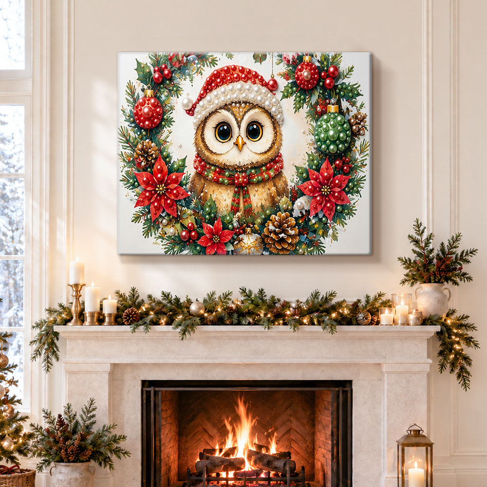 Finished christmas owl in wreath pearl diamond painting artwork displayed as holiday home decor