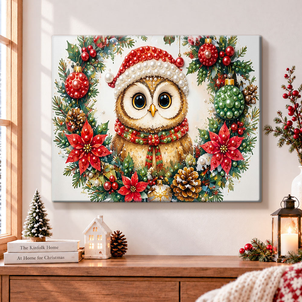 Christmas owl in wreath pearl diamond painting kit for beginners