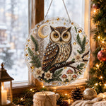 Finished christmas owl with crescent moon and pine branches pearl diamond painting artwork displayed as holiday home decor