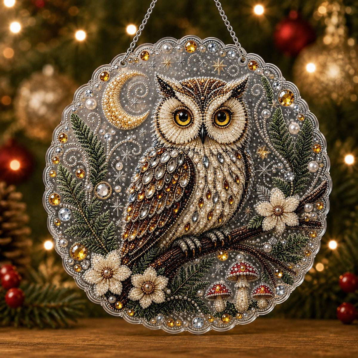 Christmas owl with crescent moon and pine branches pearl diamond painting kit for beginners