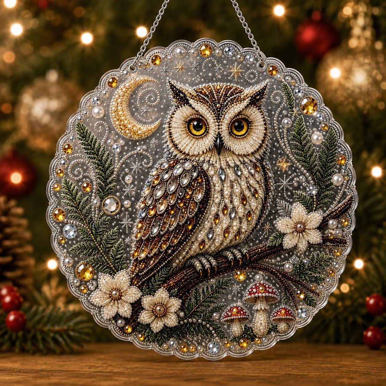 Christmas owl with crescent moon and pine branches pearl diamond painting kit for beginners