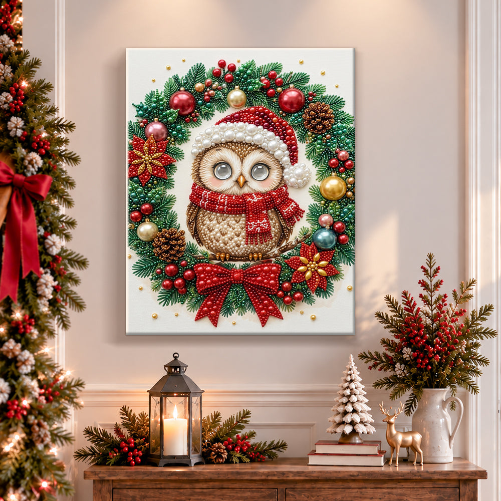 Finished christmas owl within wreath pearl diamond painting artwork displayed as holiday home decor