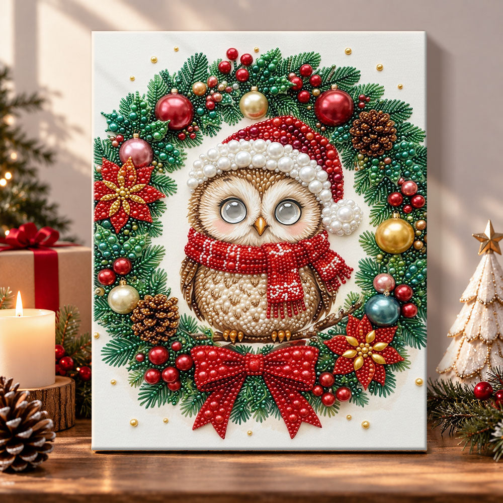 Christmas owl within wreath pearl diamond painting kit for beginners