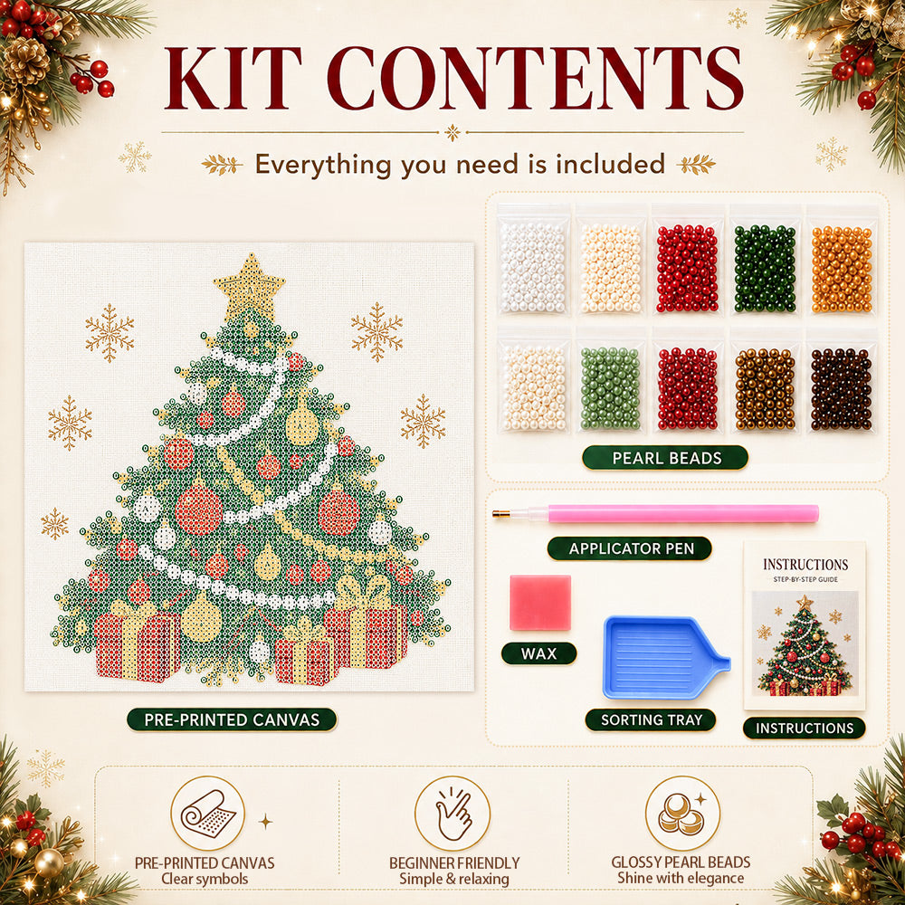 Pearl beads and tools included with a Christmas pearl painting kit