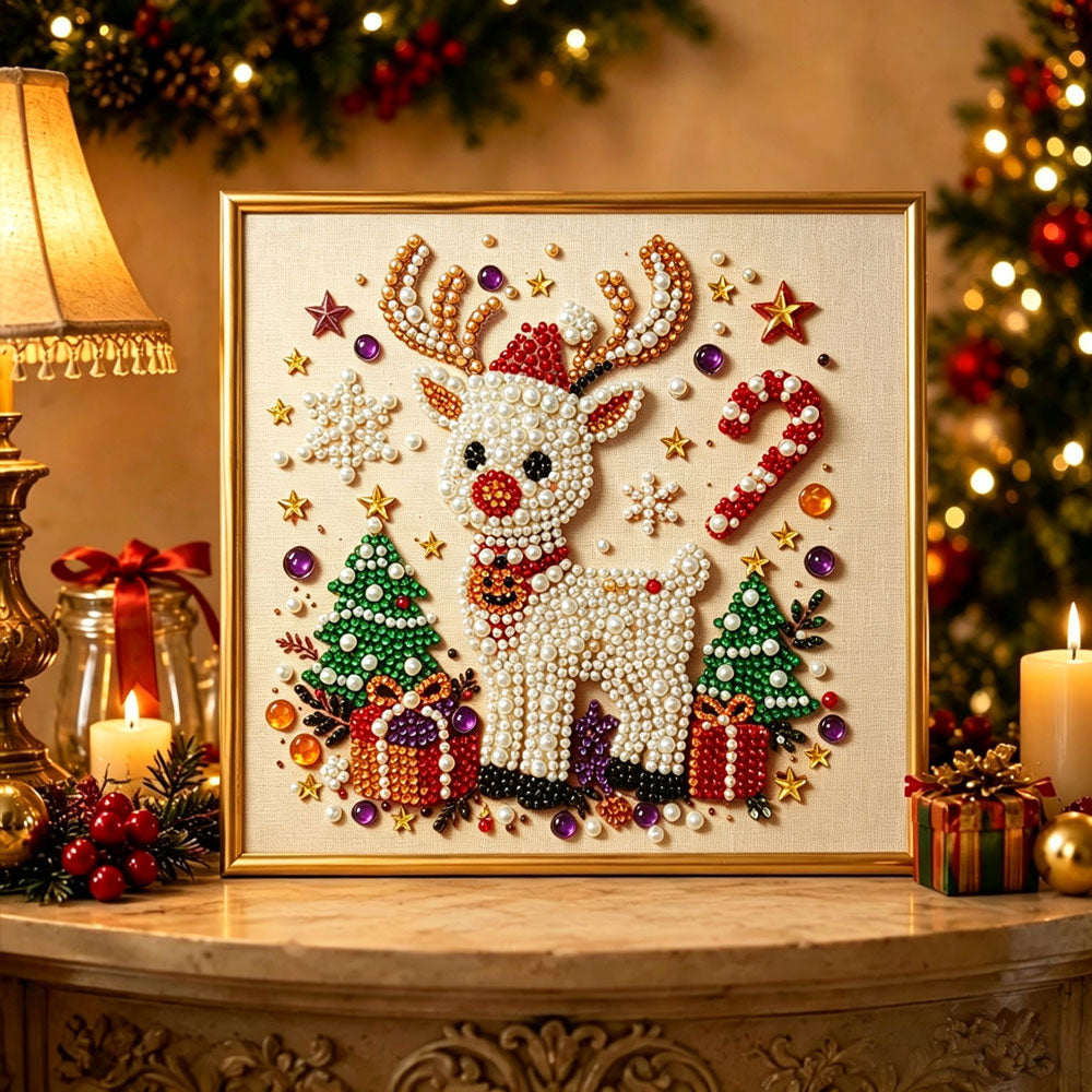 Finished christmas pearl reindeer pearl diamond painting artwork displayed as holiday home decor