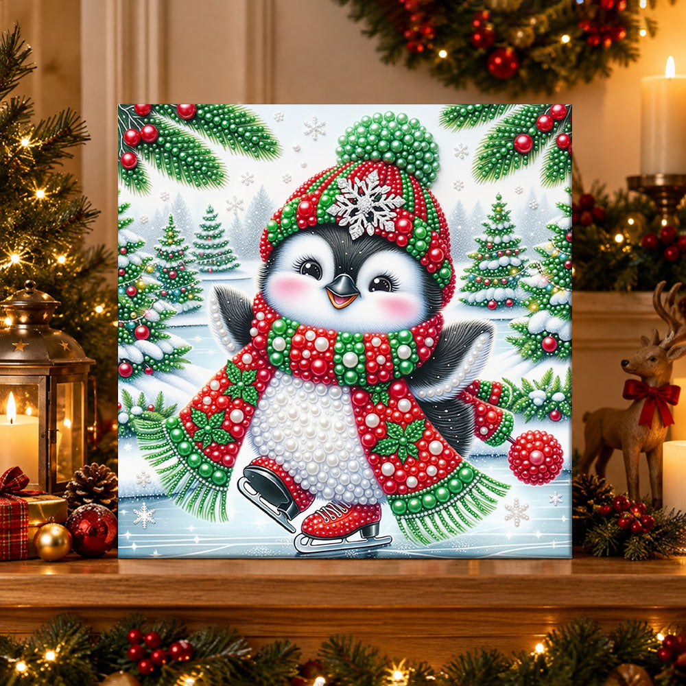 Finished christmas penguin ice‑skating pearl diamond painting artwork displayed as holiday home decor