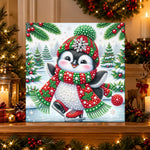 Finished christmas penguin ice‑skating pearl diamond painting artwork displayed as holiday home decor