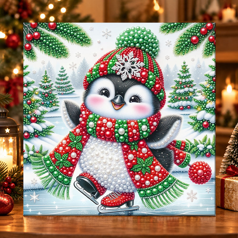 Christmas penguin ice‑skating pearl diamond painting kit for beginners