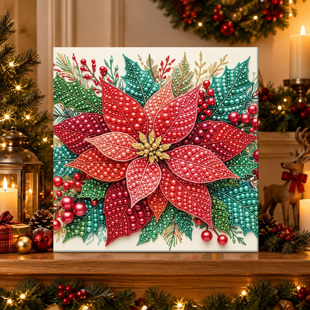 Finished christmas poinsettia floral pearl diamond painting artwork displayed as holiday home decor