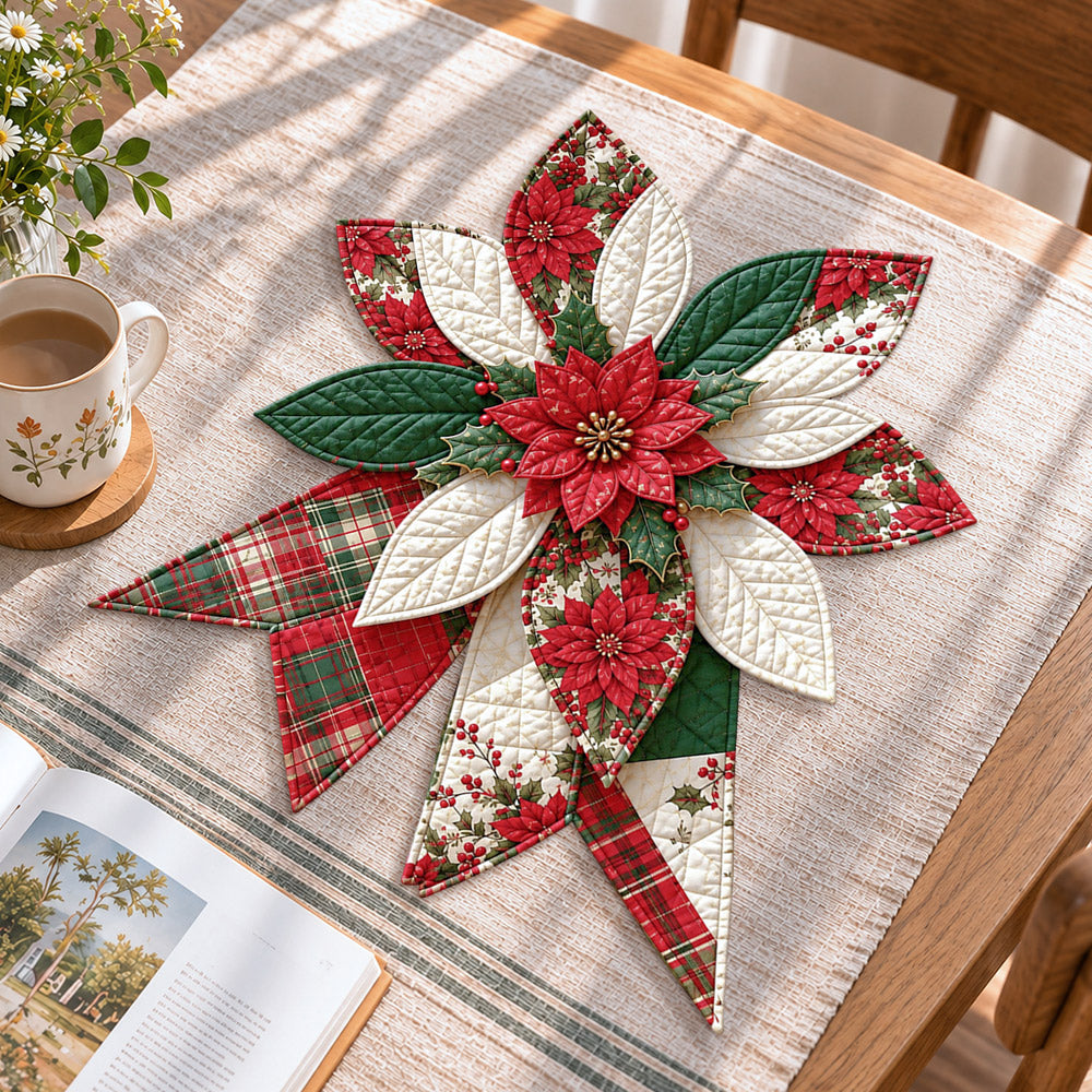 Christmas poinsettia handmade quilted bow displayed on a table as seasonal home decor