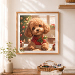 Finished christmas poodle in red sweater cross stitch artwork displayed as home decor