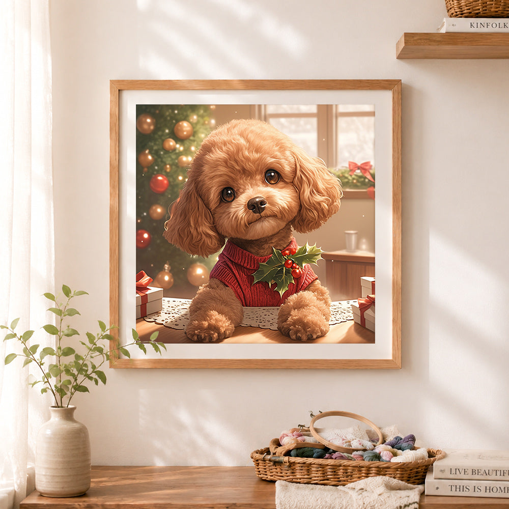 Finished christmas poodle in red sweater cross stitch artwork displayed as home decor