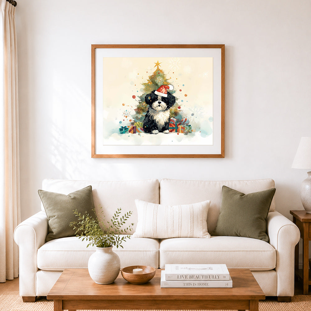 Finished christmas puppy with holiday gifts cross stitch artwork displayed as home decor
