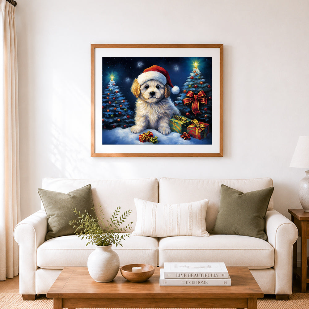 Finished christmas puppy with santa hat cross stitch artwork displayed as home decor