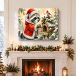 Finished christmas raccoon and bird pearl diamond painting artwork displayed as holiday home decor