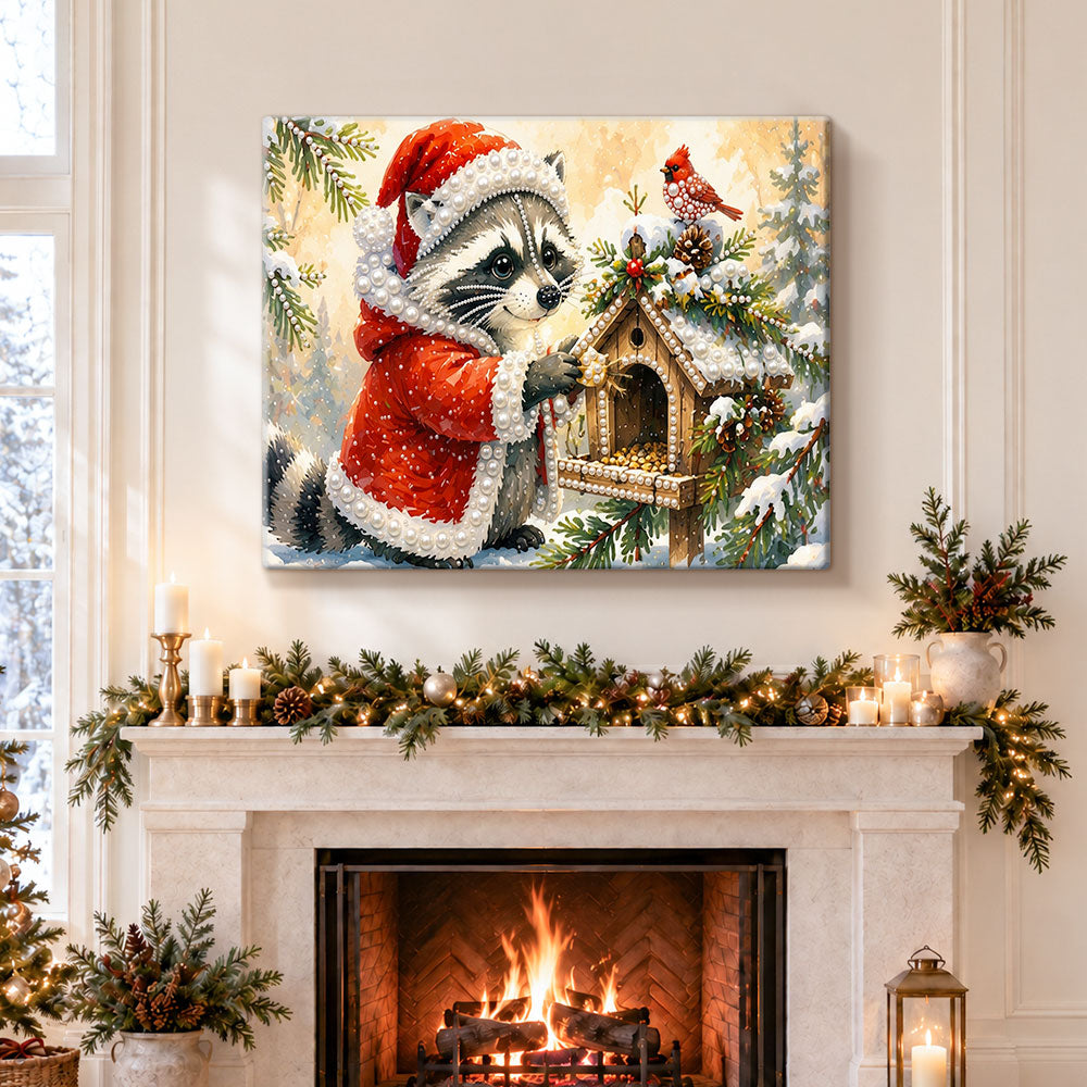 Finished christmas raccoon and bird pearl diamond painting artwork displayed as holiday home decor