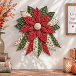 Christmas red bloom quilted bow displayed as handmade wall decor in a cozy home