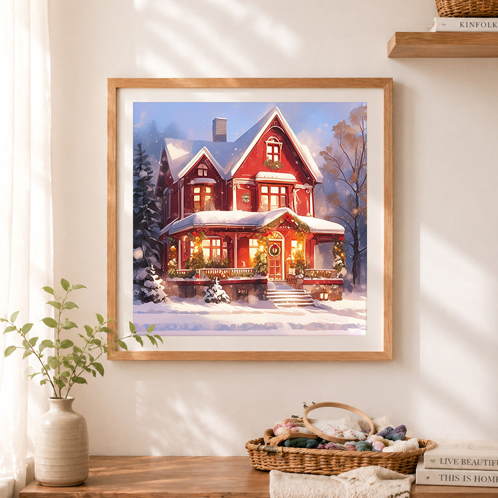 Finished christmas red house cross stitch artwork displayed as home decor