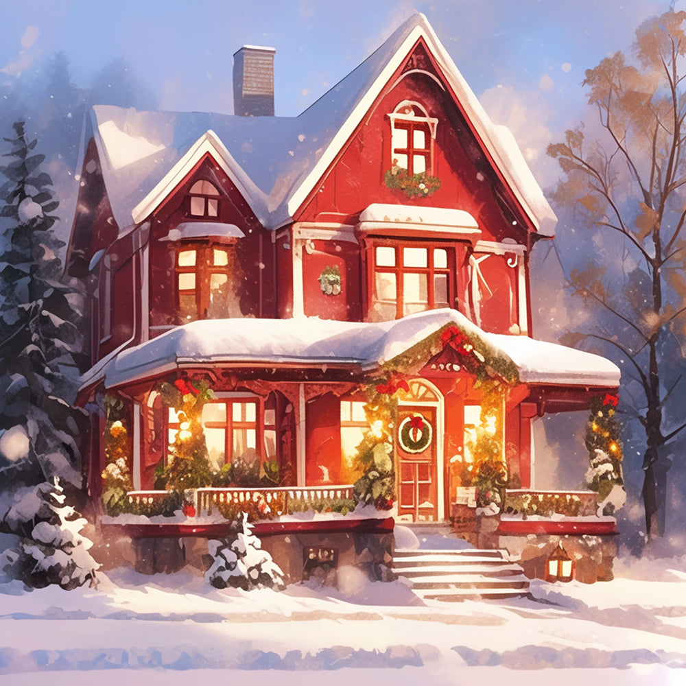 Christmas red house cross stitch kit for beginners