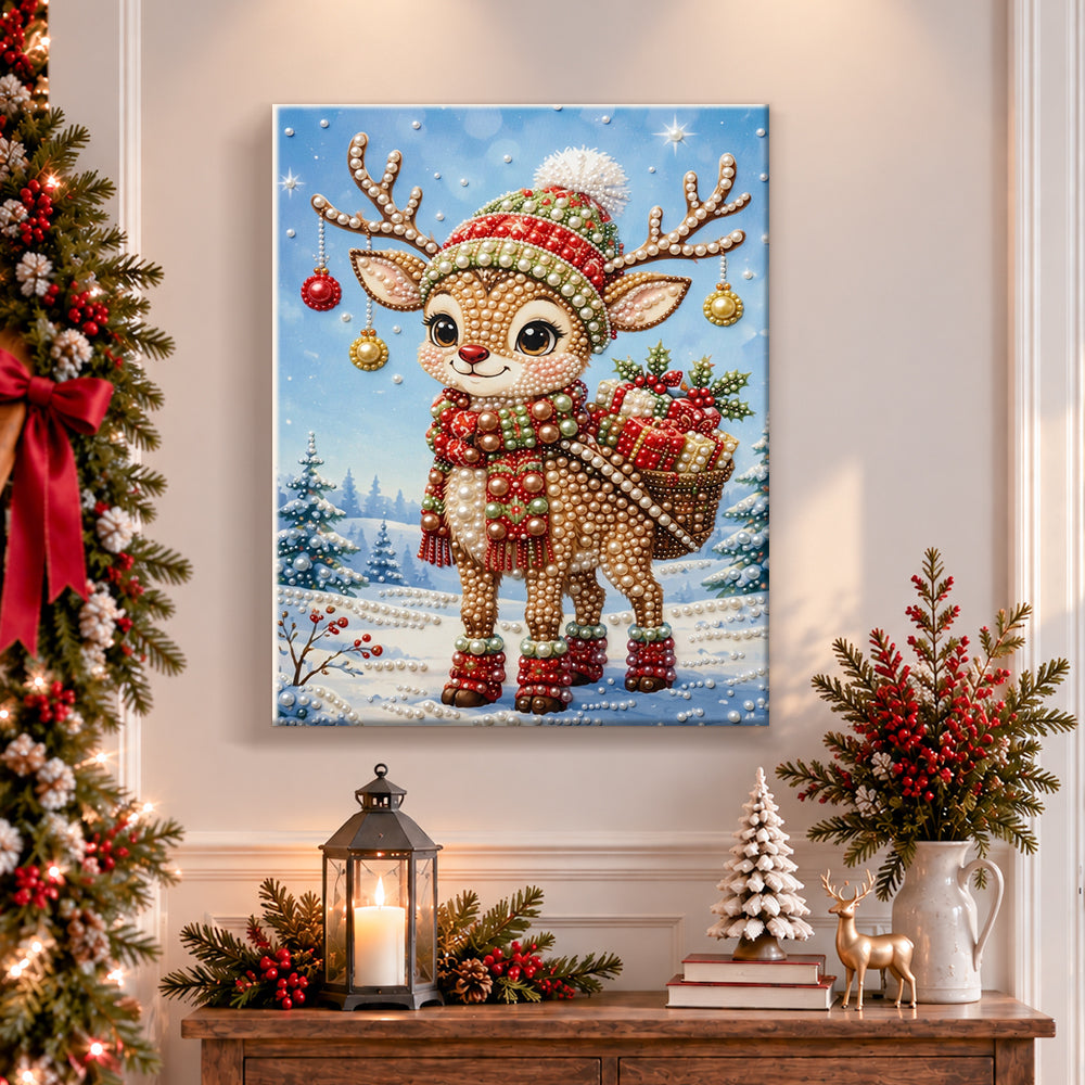 Finished christmas reindeer adventure pearl diamond painting artwork displayed as holiday home decor