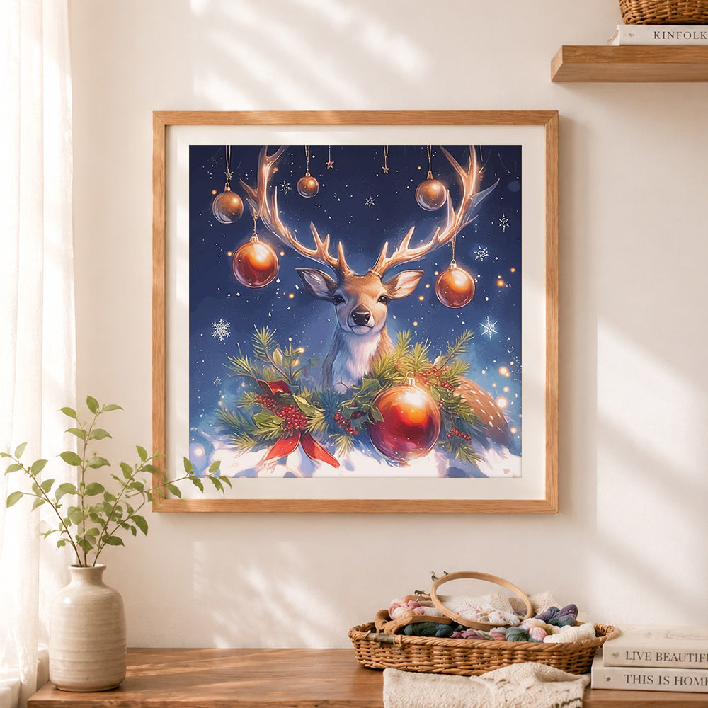 Finished christmas reindeer baubles cross stitch artwork displayed as home decor