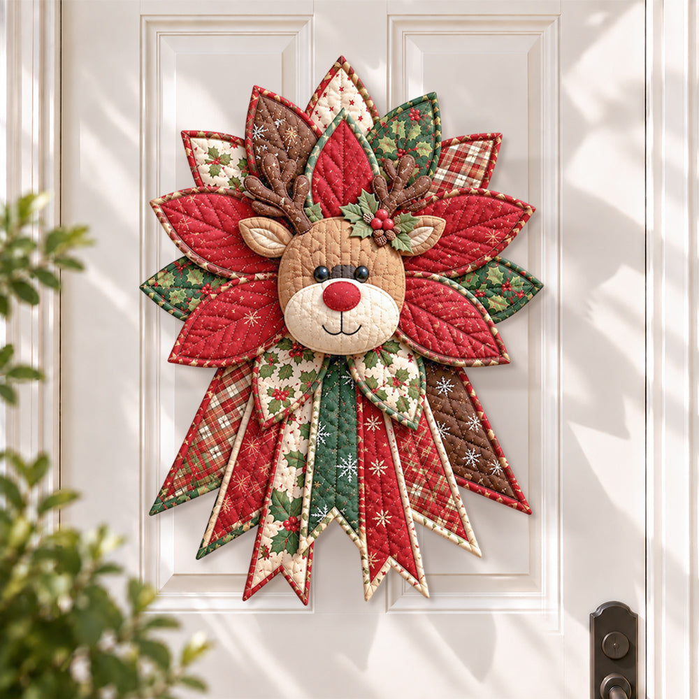 Christmas reindeer DIY quilted bow sewing kit finished as a handmade door decoration
