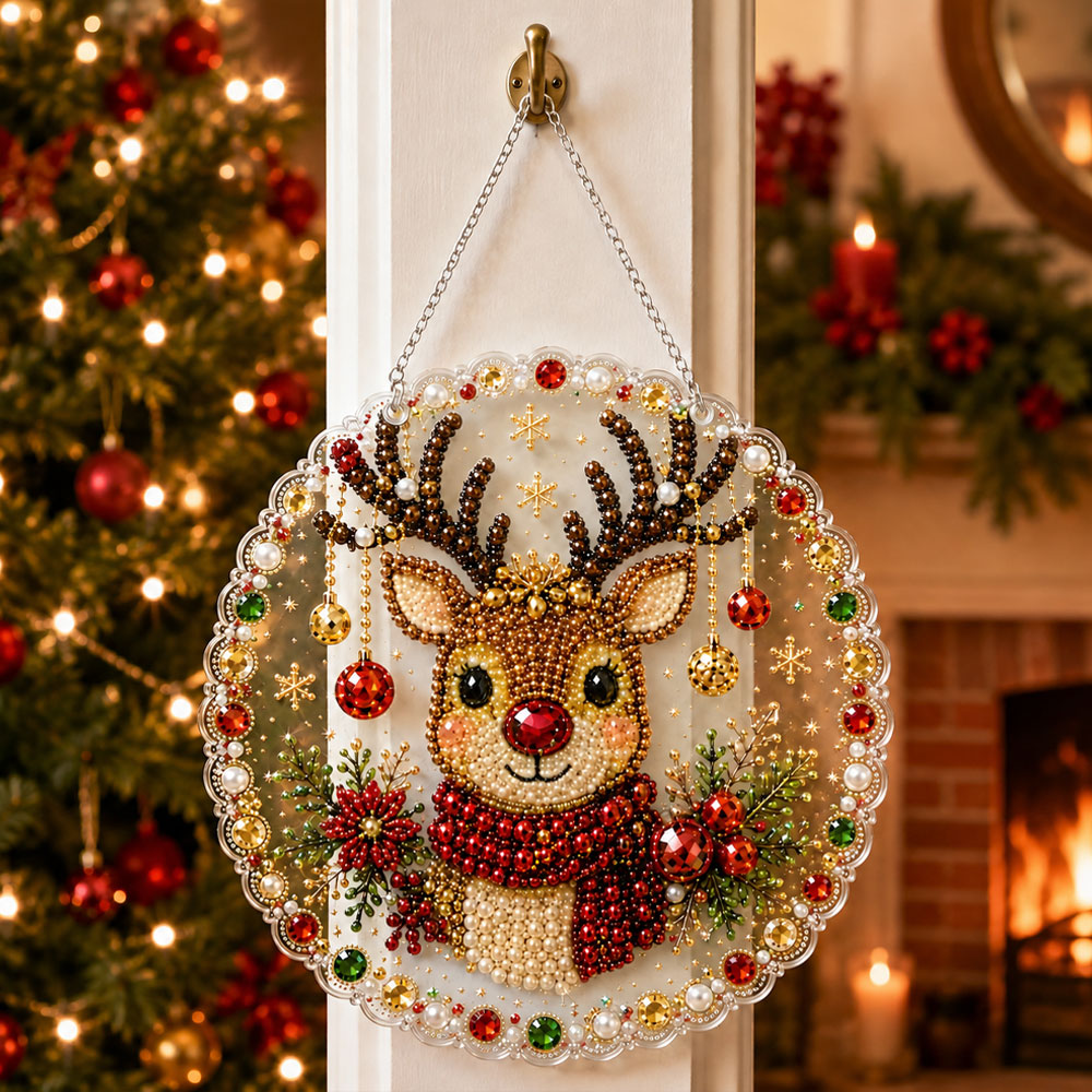 Finished christmas reindeer festive glow pearl diamond painting artwork displayed as holiday home decor