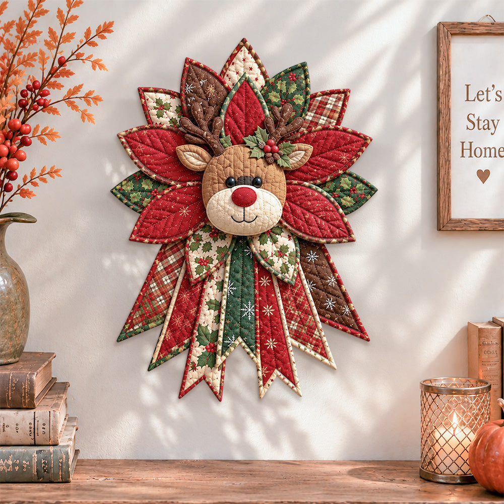 Christmas reindeer quilted bow displayed as handmade wall decor in a cozy home