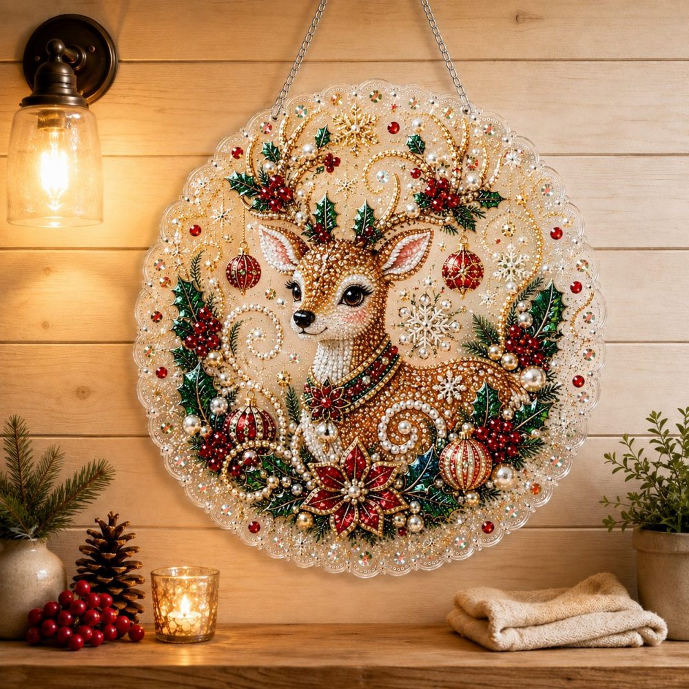 Finished christmas reindeer with holly pearl diamond painting artwork displayed as holiday home decor