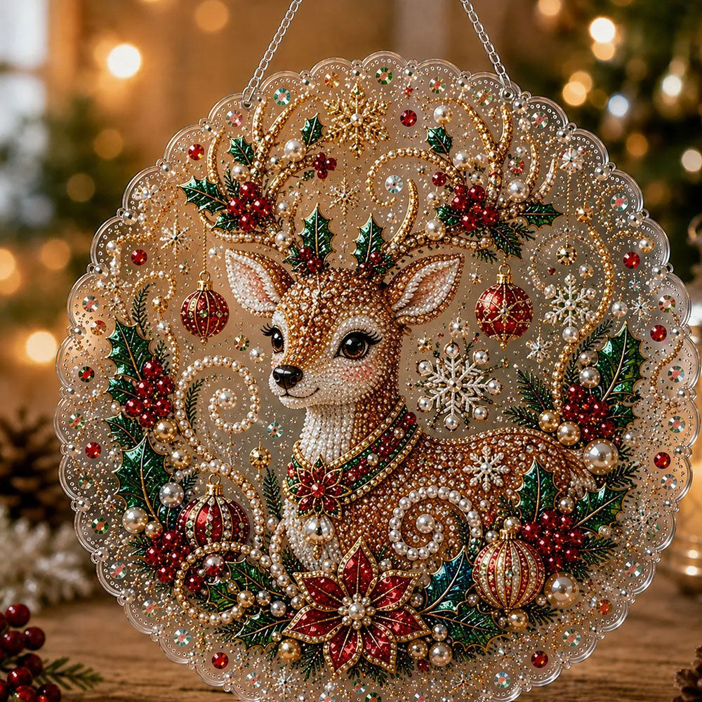 Christmas reindeer with holly pearl diamond painting kit for beginners