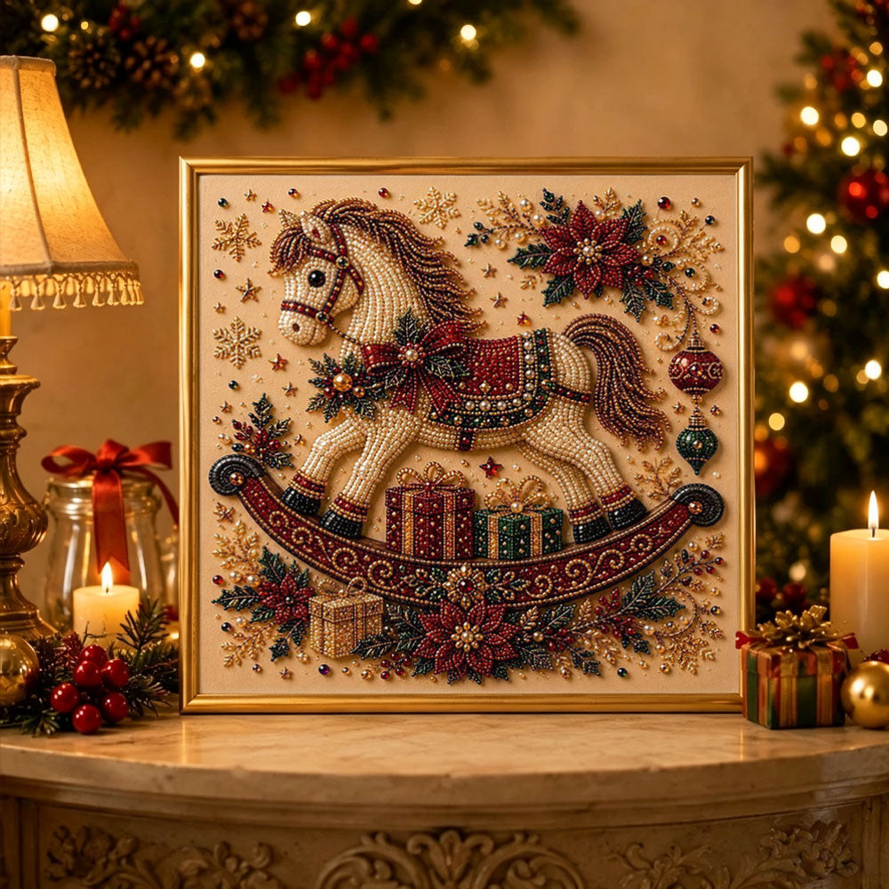 Finished christmas rocking horse pearl diamond painting artwork displayed as holiday home decor