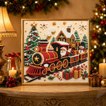 Finished christmas santa train pearl diamond painting artwork displayed as holiday home decor