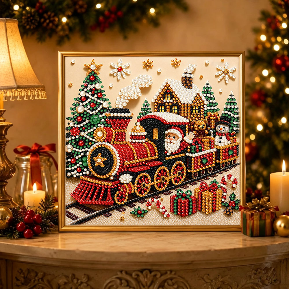 Finished christmas santa train pearl diamond painting artwork displayed as holiday home decor