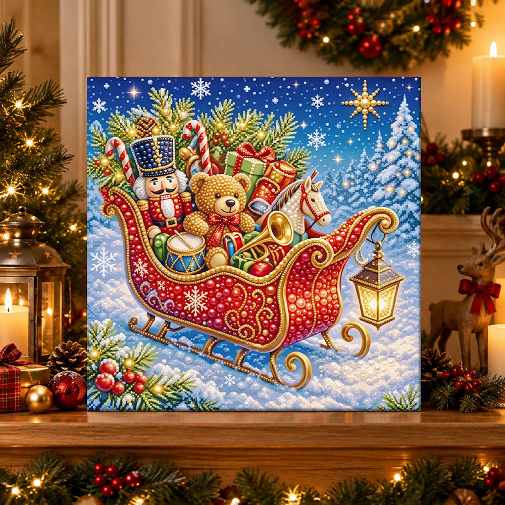 Finished christmas sleigh full of toys pearl diamond painting artwork displayed as holiday home decor