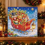 Finished christmas sleigh full of toys pearl diamond painting artwork displayed as holiday home decor