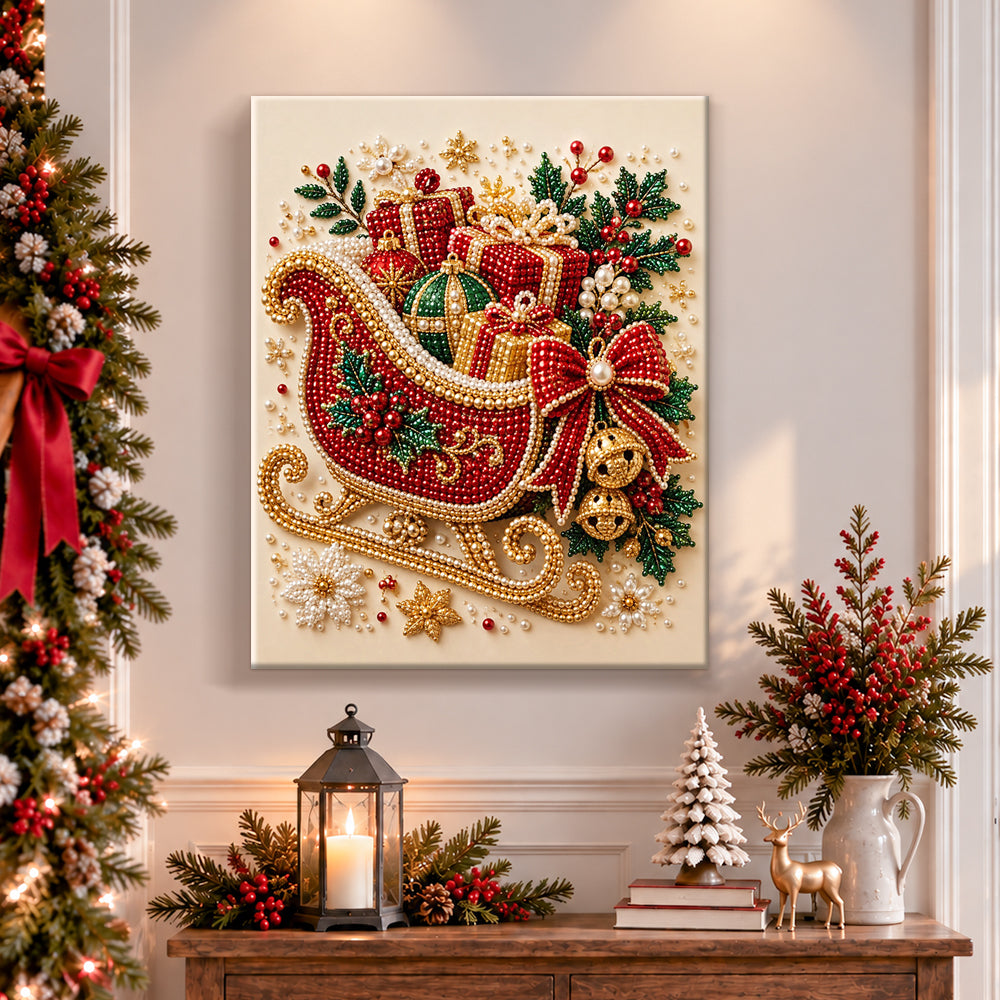 Finished christmas sleigh magic pearl diamond painting artwork displayed as holiday home decor