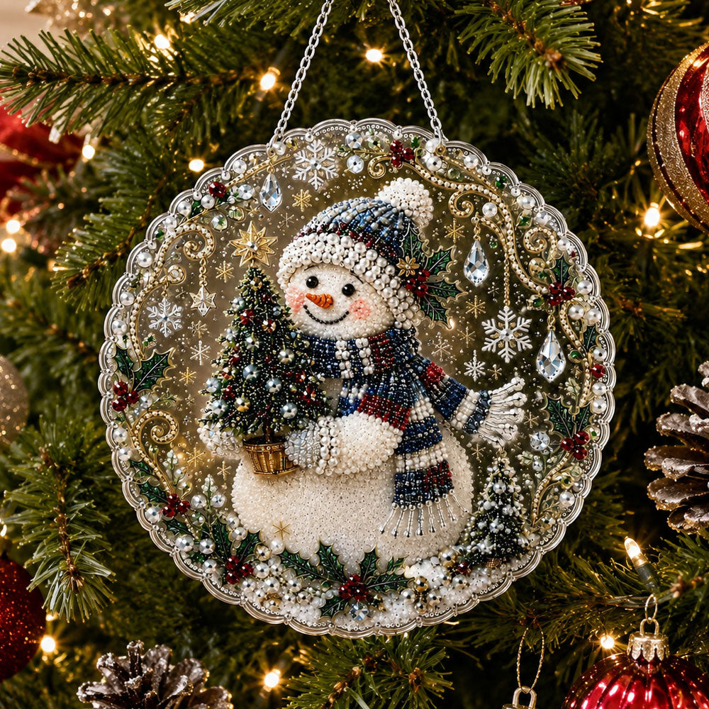 Finished christmas snowman holding a festive tree pearl diamond painting artwork displayed as holiday home decor