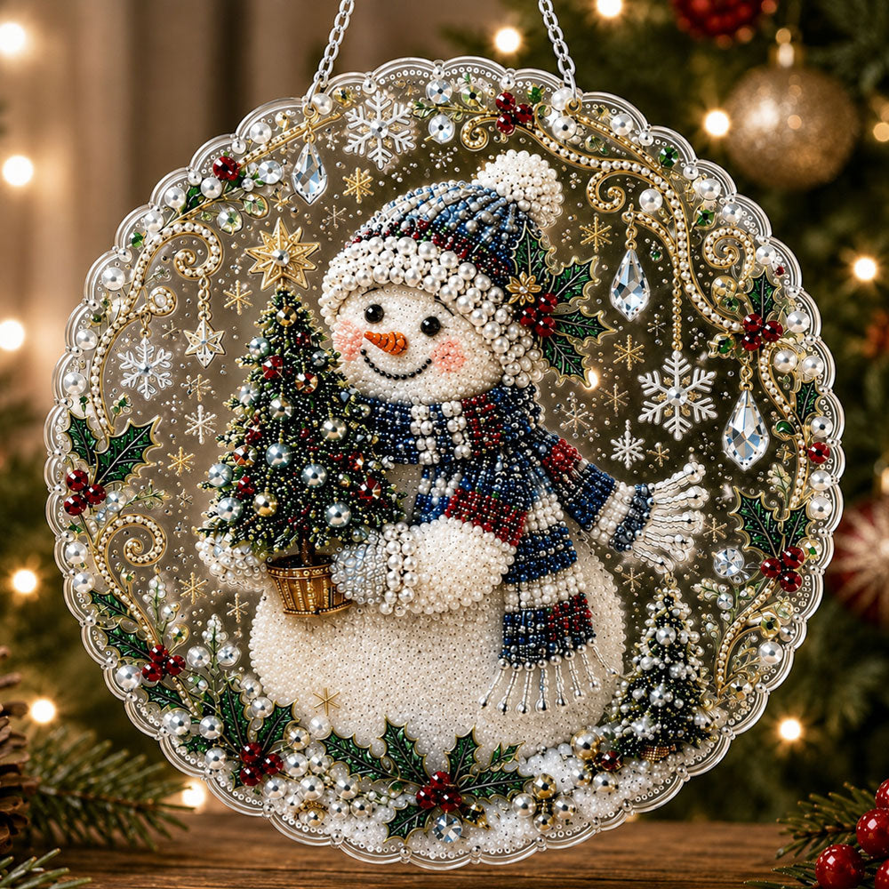 Christmas snowman holding a festive tree pearl diamond painting kit for beginners