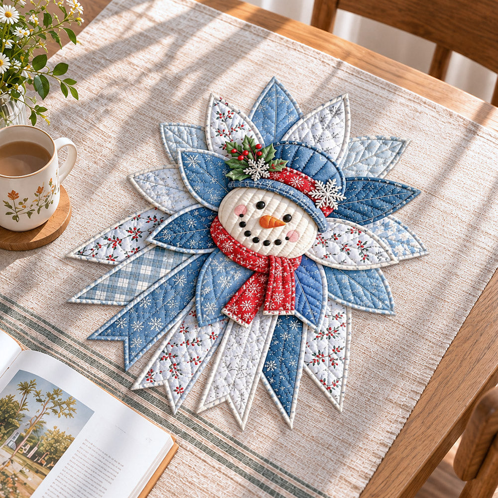 Christmas snowman handmade quilted bow displayed on a table as seasonal home decor