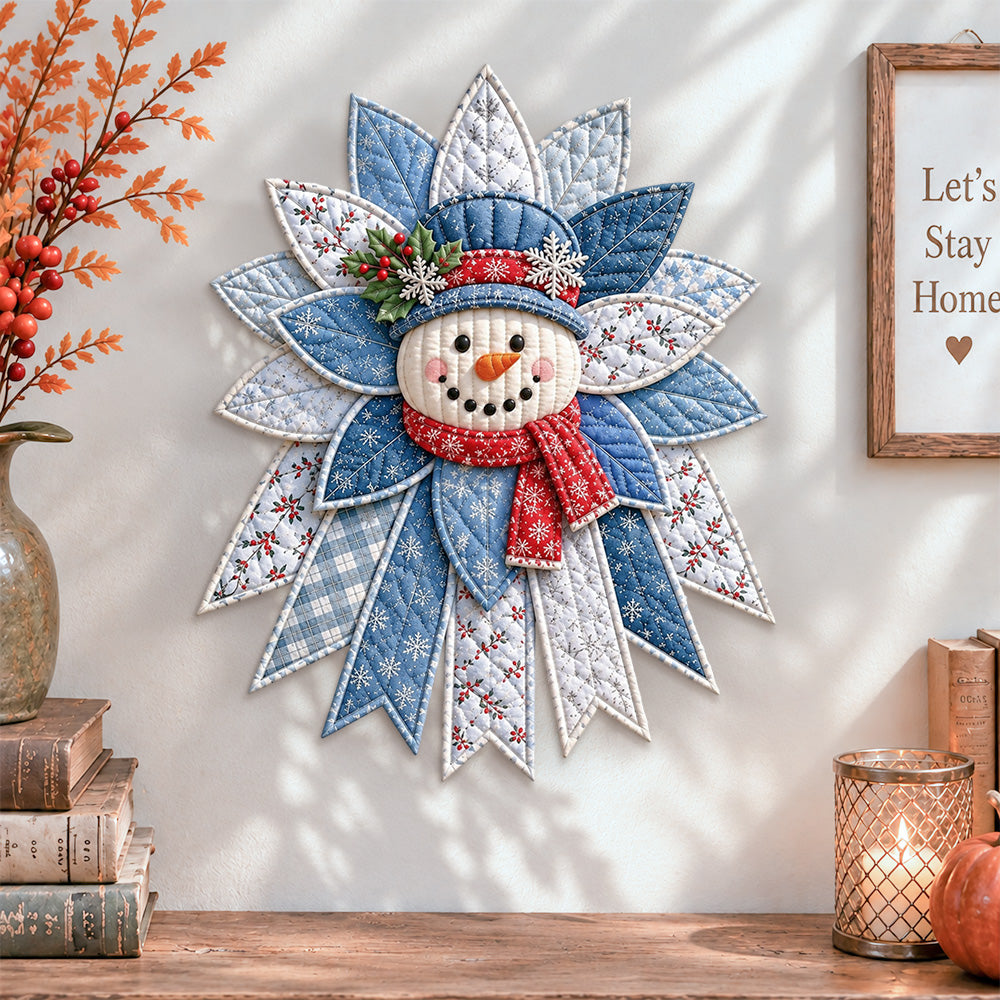 Christmas snowman quilted bow displayed as handmade wall decor in a cozy home