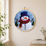 Christmas snowman with blue top needle felt wall art displayed in a bright home interior