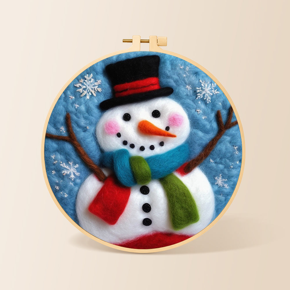 Christmas snowman with striped scarf needle felting kit for beginners with a round wooden frame