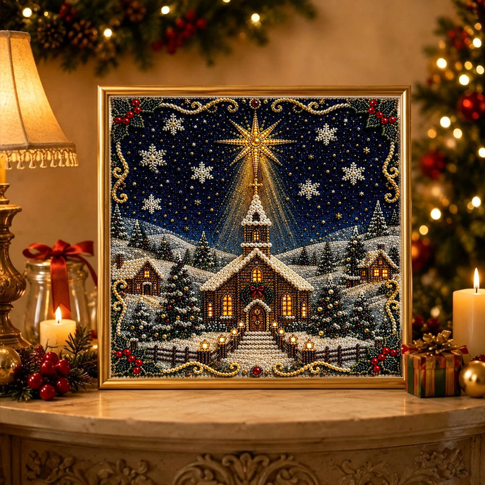 Finished christmas starlit church pearl diamond painting artwork displayed as holiday home decor